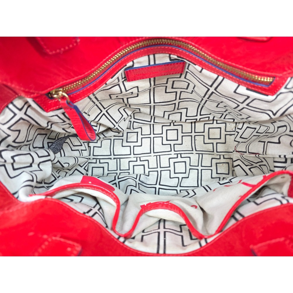 Jonathan Adler Red Patent Leather Trim Linen Cotton Canvas Geometric Tote Bag - Picture 3 of 7